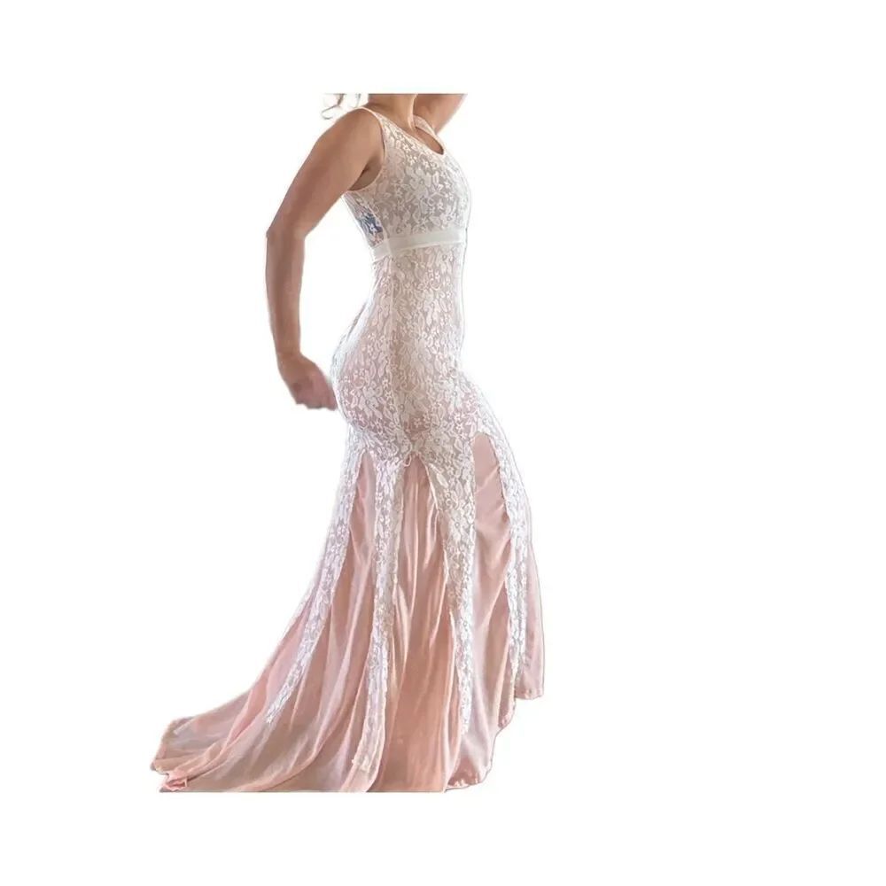 Vintage cream floral lace mermaid bodycon dress low scoop back sleeveless - Picture 2 of 5